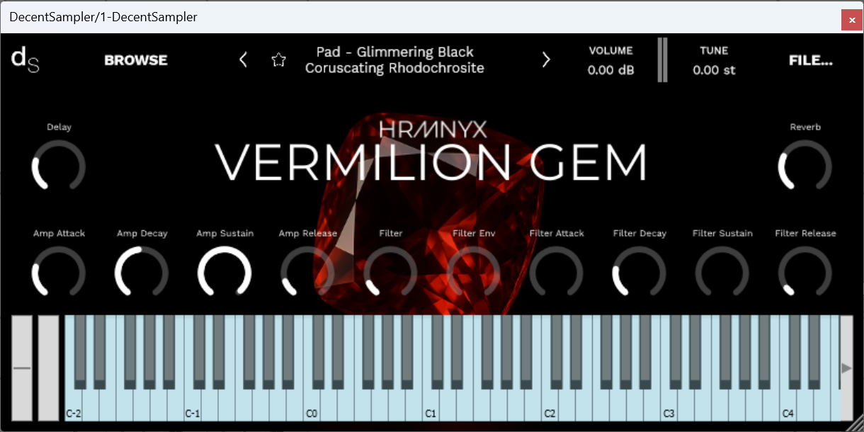 A screenshot of the Vermilion Gem Sample Library instrument interface in Decent Sampler.